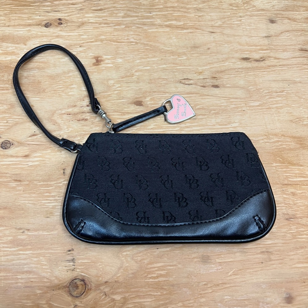 Vintage Dooney & Bourke Black DB Monogram Wristlet Pink Heart Charm Y2K